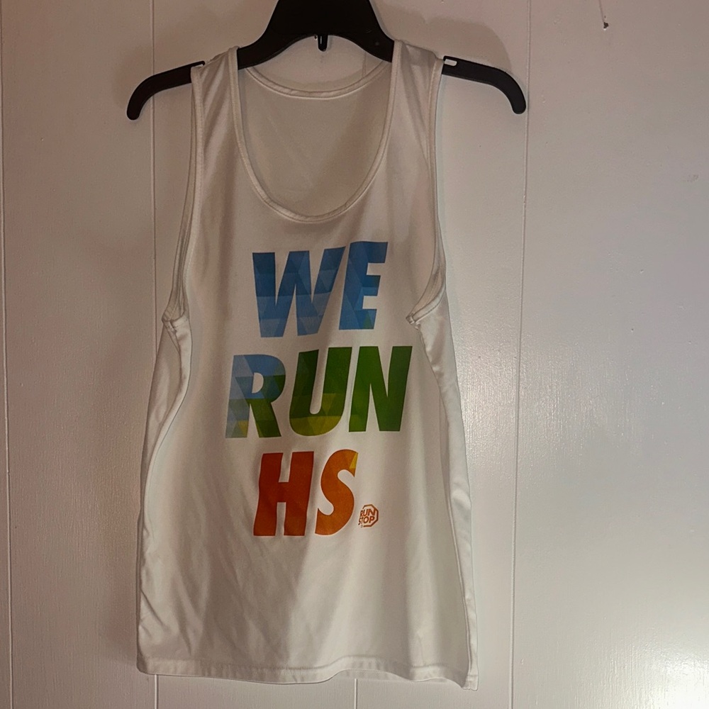 Colorful Graphic Tank Top, “We Run HS”, Small, Like New.